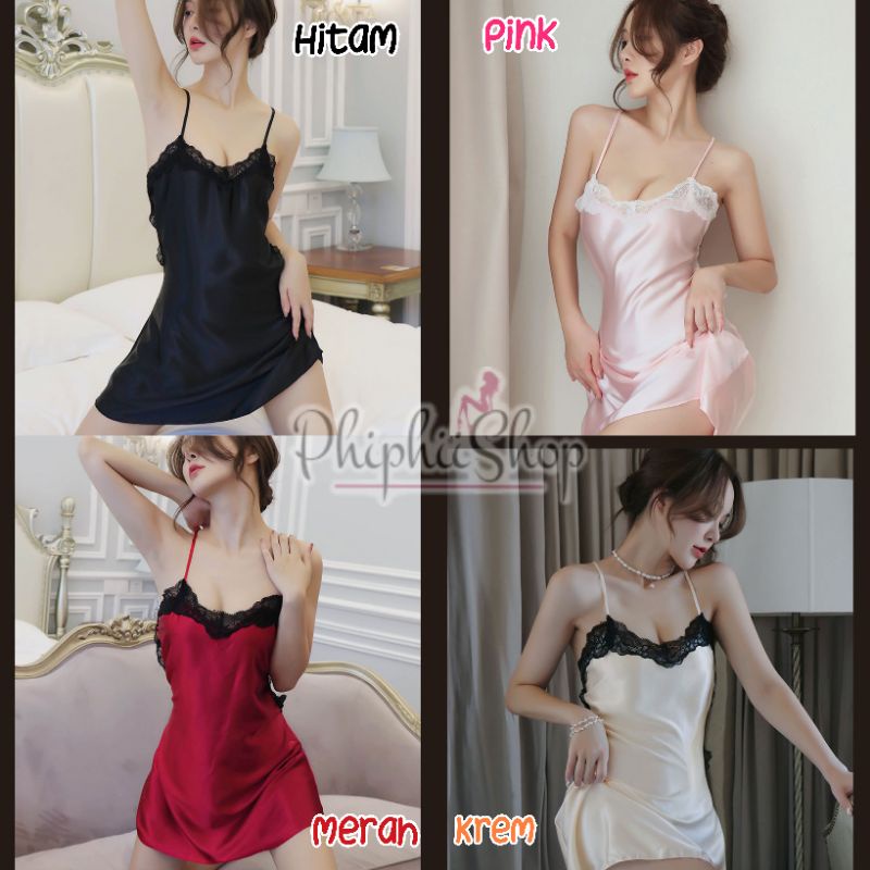 Night Dress Lingerie Gaun Malam Tali Silang Belakang Bahan Satin Halus