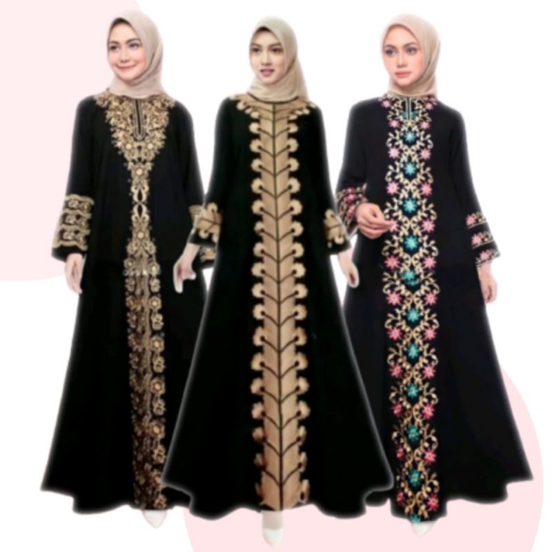 Gamis syar'i wanita dewasa dress Turkey arabian Saudi bordir baju remaja kekinian warna hitam bahan 