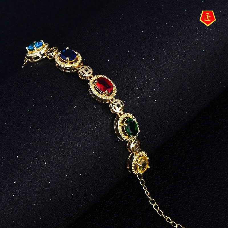 [Ready Stock]Luxury 18K Gold Ruby Inlaid Colored Gems Bracelet