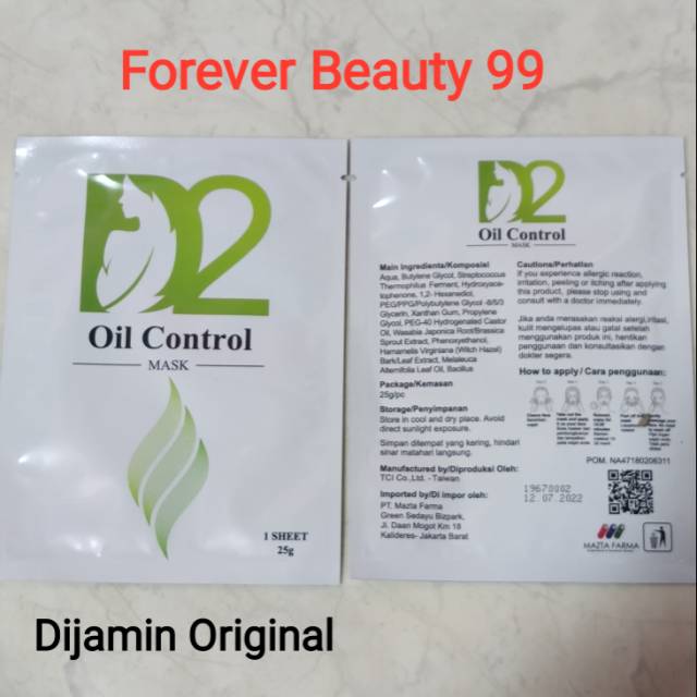 D2 Oil Control mask sheet - masker kontrol minyak berlebih di wajah - anti acne