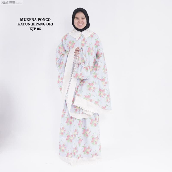 MUKENA PONCO KATUN JEPANG ORI DASAR BIRU RENDA PUTIH 05 MUKENA LARIS