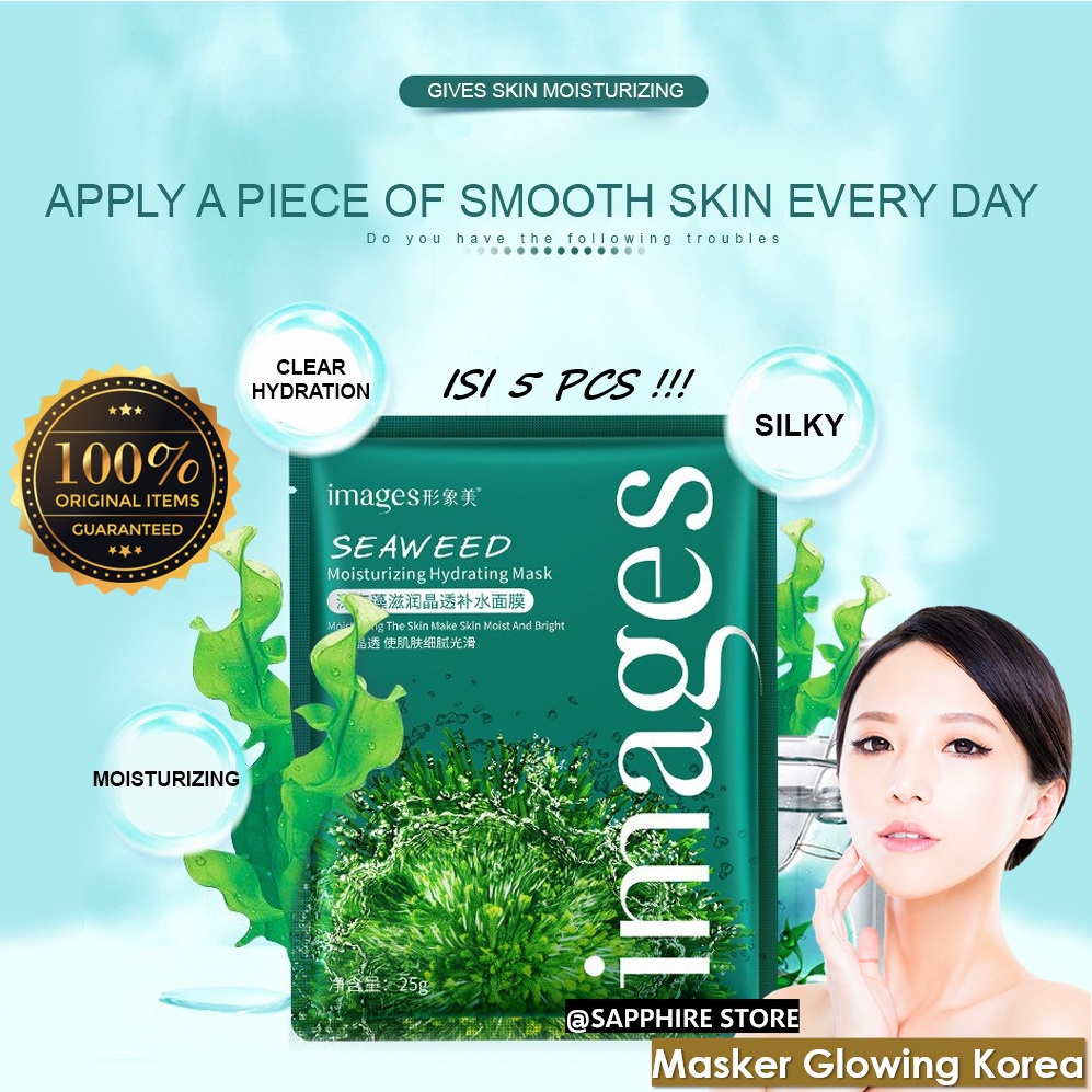 5 Pcs Masker Wajah Images Seaweed Moisturizing Hydrating Sheet Mask – Masker Wajah Seaweed Aloe Vera / Masker Wajah Pemutih dan Glowing Masker Muka Images Seaweed Whitening Mask / Masker Wajah Organik Viral Tiktok Masker Organik Anti Komedo