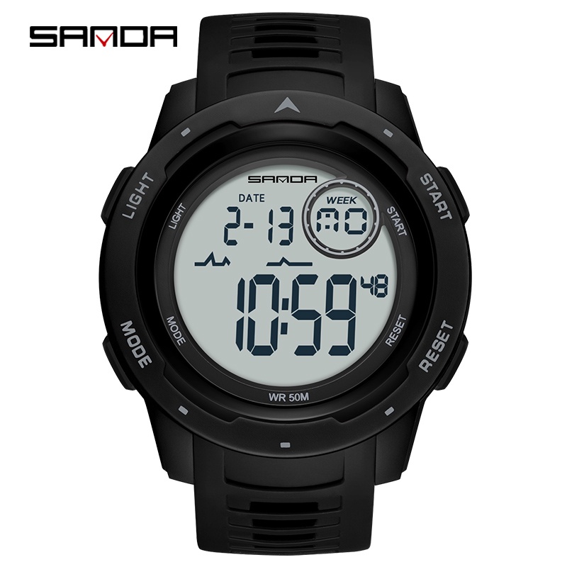 SANDA 2125 Jam Tangan Pria Digital EL Backlight Sport Watch Anti Air-Hitam Putih