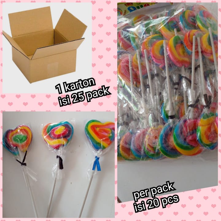 

1 karton isi 25 pack (500 pcs) - permen lolipop (campur model love & bulat)