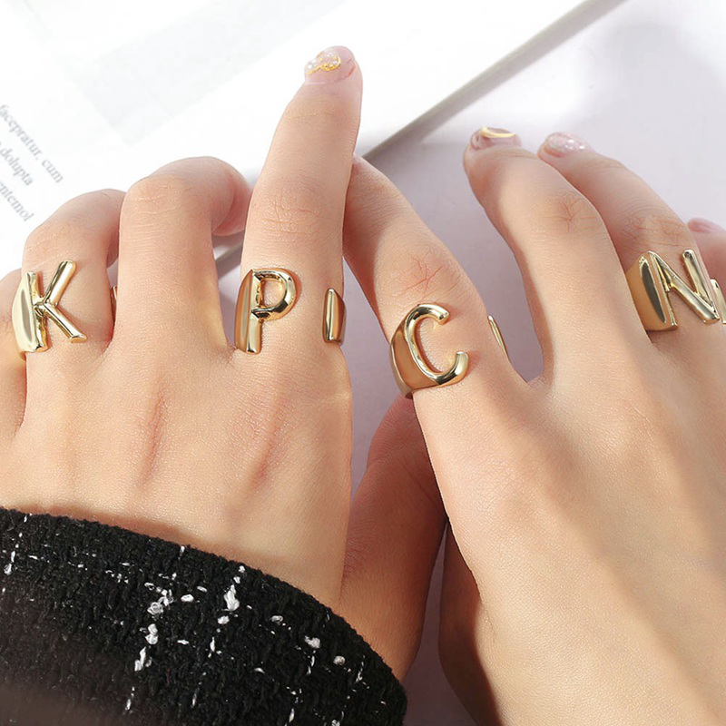A-T Hollow A Z Letter Gold Color Metal Adjustable Opening Ring Initials Name Alphabet Party Jewelry