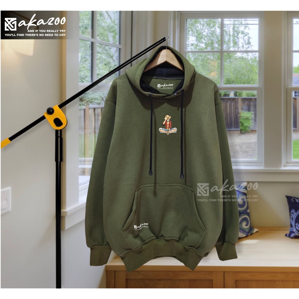 hodie pria oversize tebal distro akazoo warna HIJAU ARMY gambar one pece sweater cowok oversize kekinian 2022 hoodie pria original 100% tebal distro korean switer korean style wanita oversize jumbo xxl hoodie zipper premium tebal termurah akazoo branded