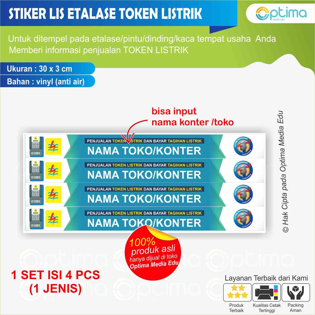 

STIKER LIS ETALASE KONTER/TOKO TOKEN LISTRIK 3 X 30 CM ISI 4 PCS BISA INPUT NAMA TOKO/KONTER