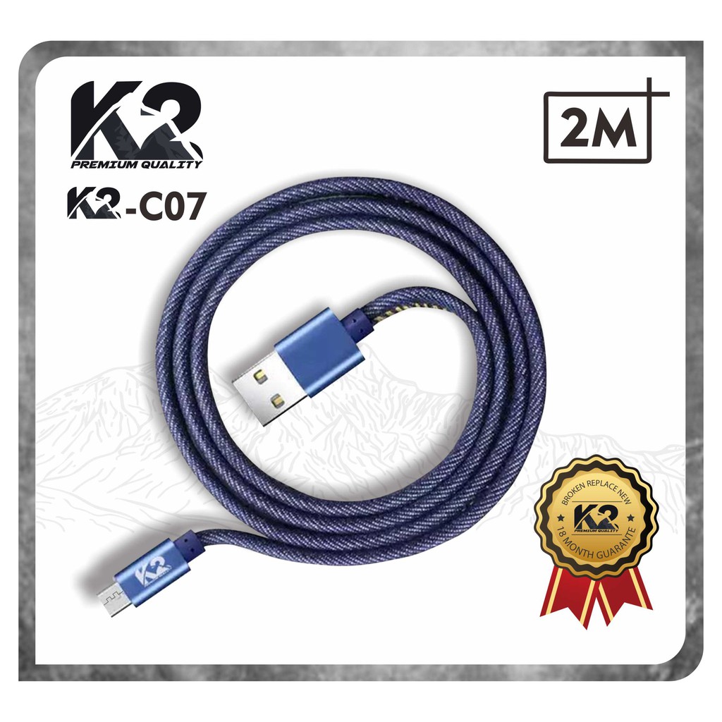 KABEL DATA DENIM 2 METER K2-C07 K2 PREMIUM QUALITY MICRO / TYPE C / Lightning Fast Charging 2.4A [fs]