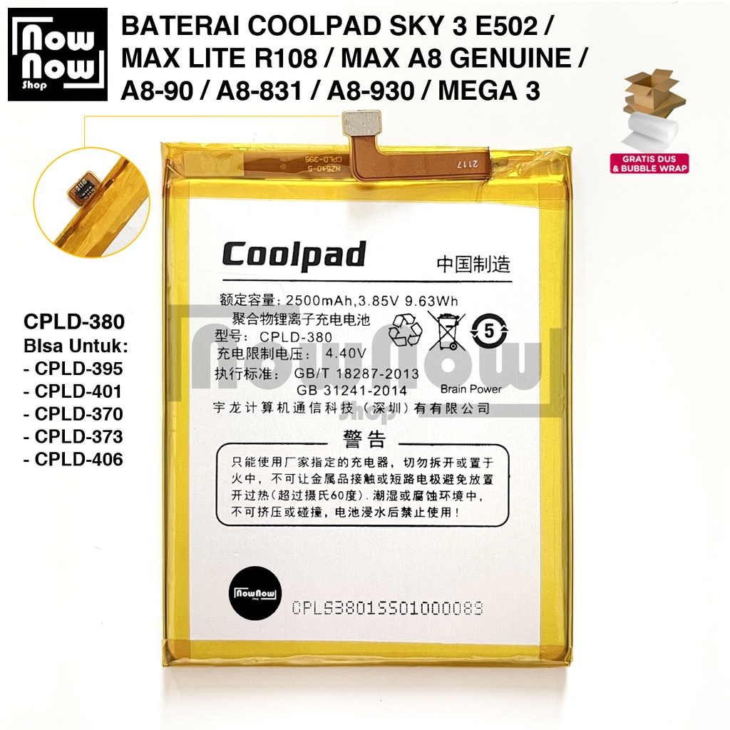 Baterai Coolpad Sky 3 E502 CPLD-380 CPLD380 / Max Lite R108 CPLD-395 CPLD395 / Max A8 Genuine A8-90 A8-831 A8-930 CPLD-401 CPLD401 / CPLD-370 CPLD370 CPLD-373 CPLD373 / Mega 3 CPLD-406 CPLD406 Original Batre Batrai CPLD 380 CPLD 401 Cool Pad