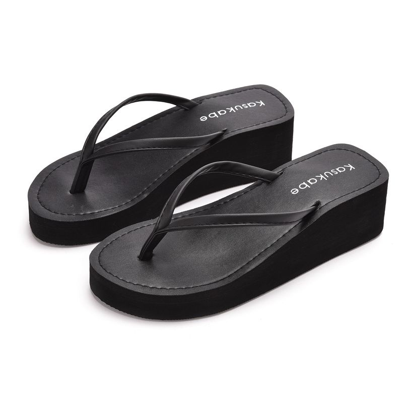 Senfu Sandal Jepit Wanita In Tide Musim Panas Baru Permukaan Kulit Non-Slip Clip-On Sandal dan Sandal Sepatu Hak Baji Tebal Bawah Pantai Tarik Pakaian Luar