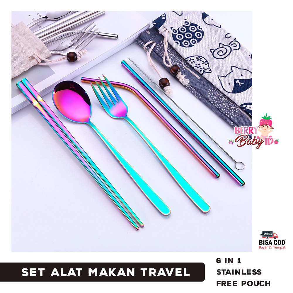 Berry Mart Travel Set 6-in-1 Sendok Garpu Sumpit Stainless Free Pouch Berry Mart