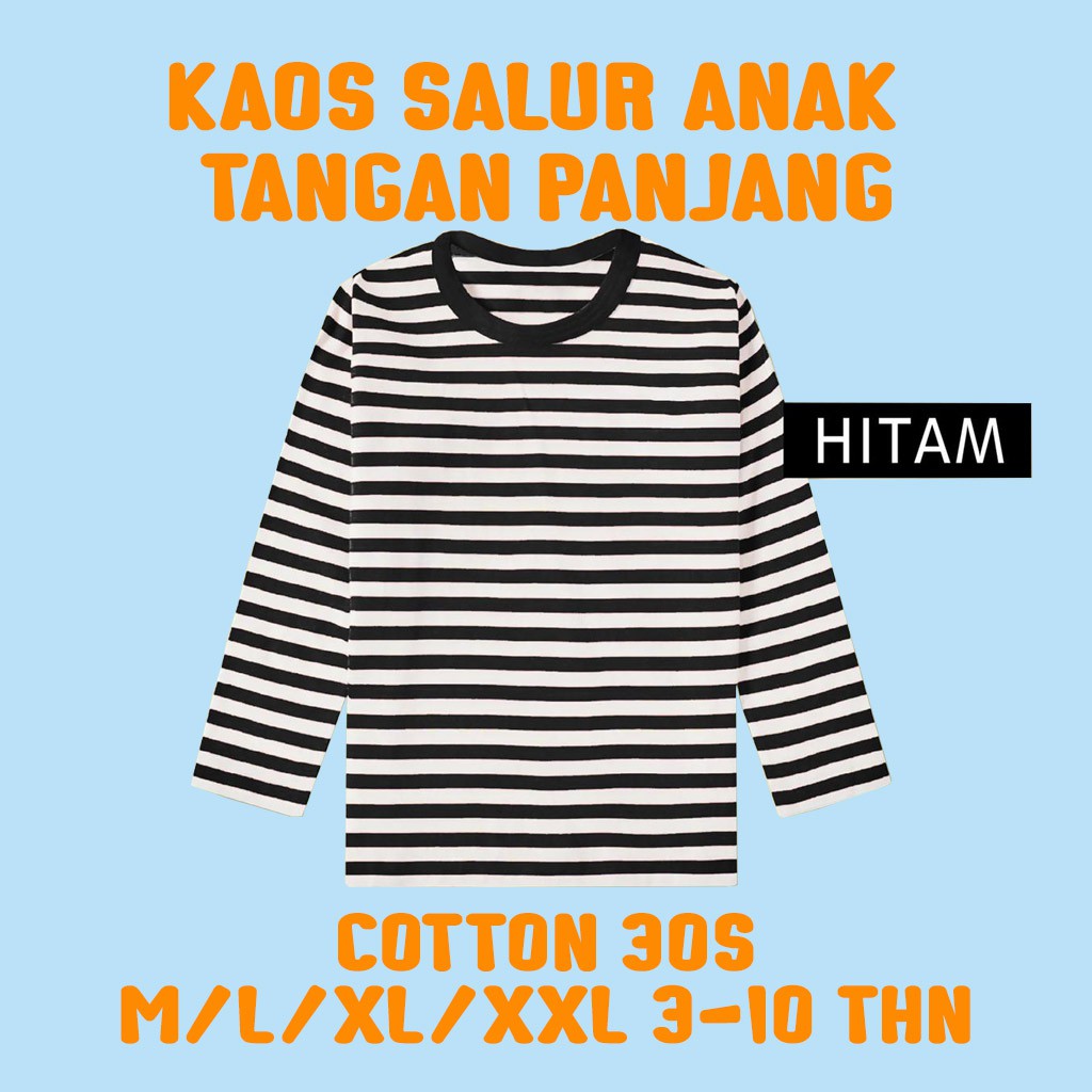 KAOS DISTRO ANAK BAYI BALITA SD MOTIF SALUR BELANG SETERIP STRIPE GARIS BERGARIS TANGAN LENGAN PANJANG LUCU LAKI LAKI PEREMPUAN COWO CEWE COWOK CEWEK UNISEX  USIA UMUR 3 4 5 6 7 8 9 10  TAHUN TAUN KEKINIAN LUCU COOTON KATUN CVC 30 S  PREMIUM HITAM PUTIH-HITAM