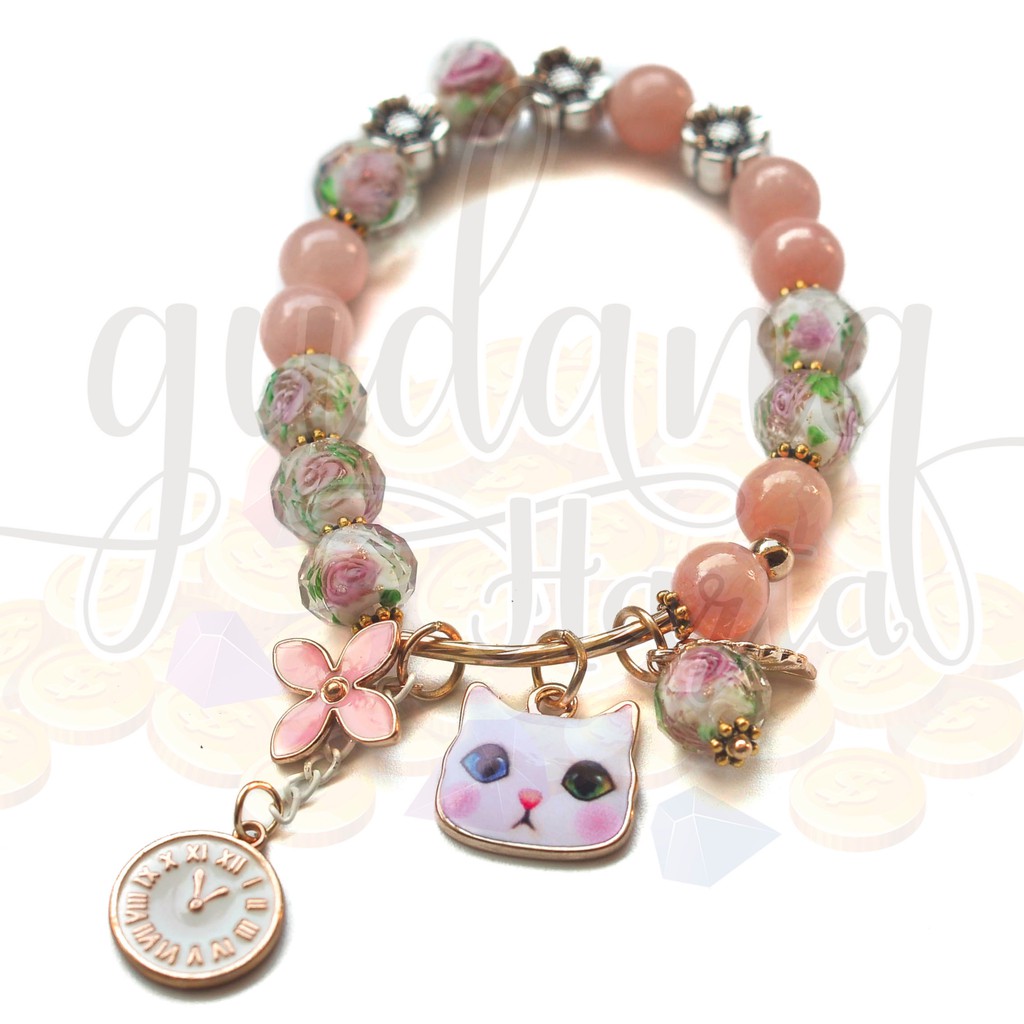 Gelang Lucky Charm Cat and Rose Kucing Anjing Lebah Lucu Unik Cantik Bunga Mawar GH 205147