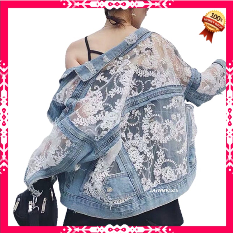 Jaket Denim Wanita Korea Spring Fashion Streetwear Lace Patchwork Denim Jacket Women Embroidery  Sum