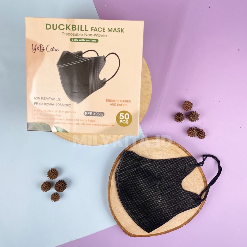 Masker Duckbill Y&amp;B Premium Original Emboss 3 Ply Earloop Cantol Hitam Putih Warna
