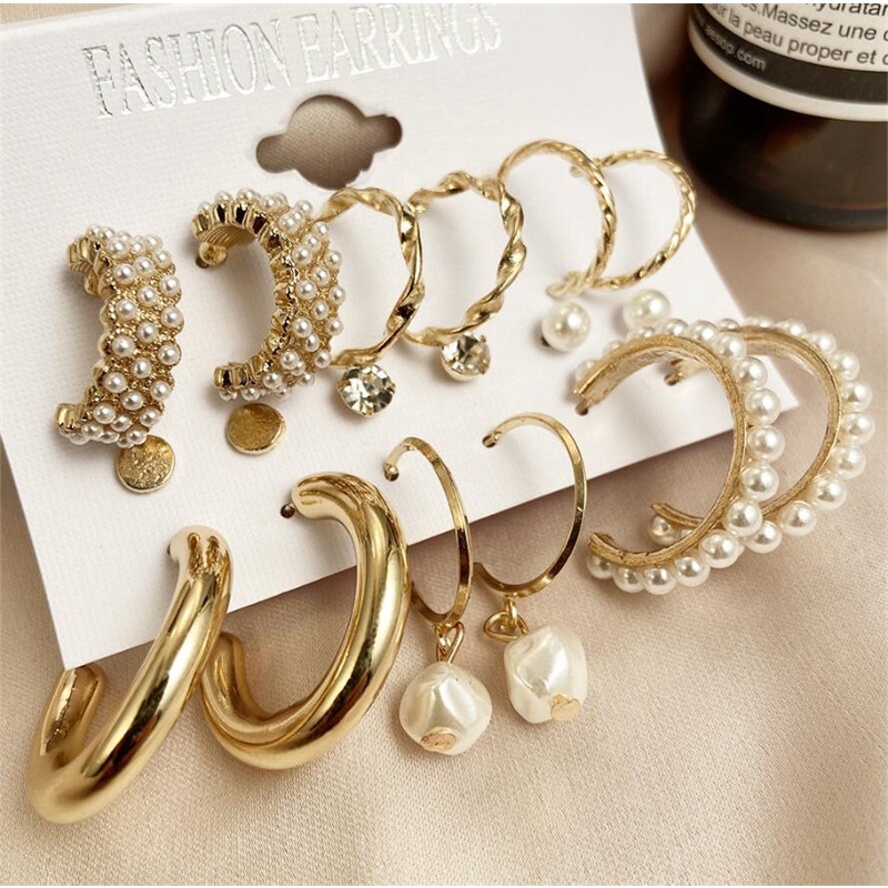 9 Pasang / Set Anting Hoop Bahan Logam Aksen Mutiara Zirkon Untuk Aksesoris Wanita