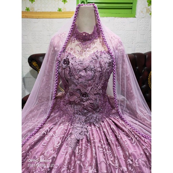 Gaun pengantin ballgown+veil Payet mutiara