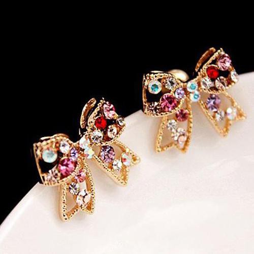 [Bayar Di Tempat]Kristal Emas Tone Ikatan Simpul Busur Ear Studs Charm