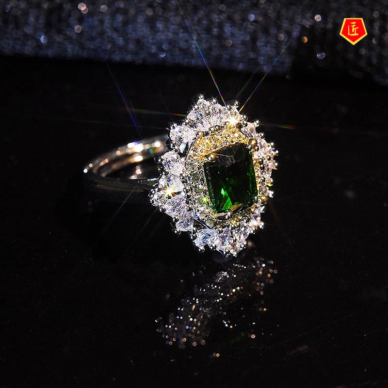 [Ready Stock]Luxury Inlaid Emerald Open Ring