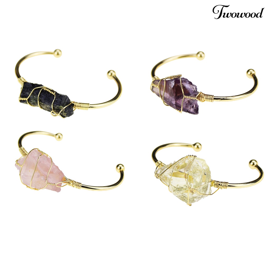 Twowood Wire Wrap Natural Stone Women Bracelet Alloy Irregular Stone Opening Adjustable Bangle Jewelry Gift