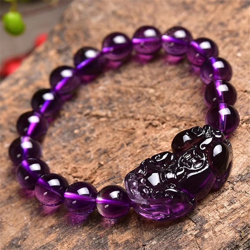 Feng Shui Purple Crystal Pixiu Bracelet Wealth Prosperity Mantra Bead Charms Hand Carved Jewelry Attract Good Luck