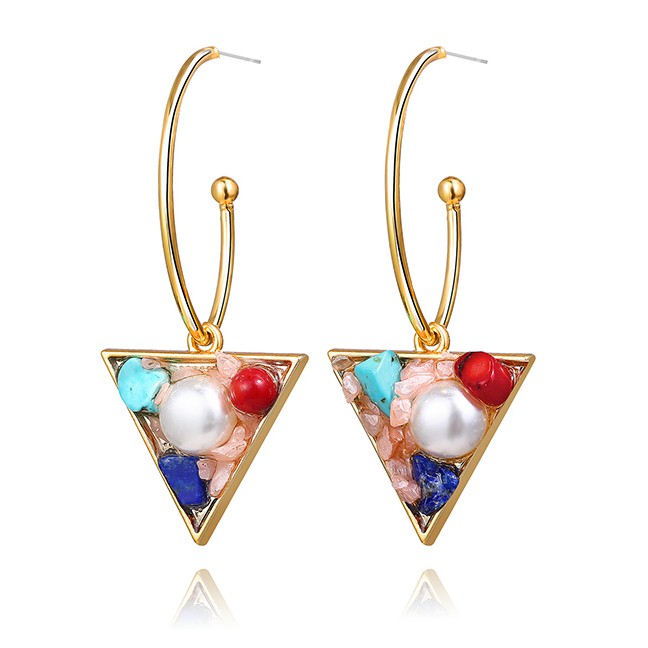 LRC Anting Tusuk Fashion Inlaid Pearl Stone Triangle Stud Earrings F7693X