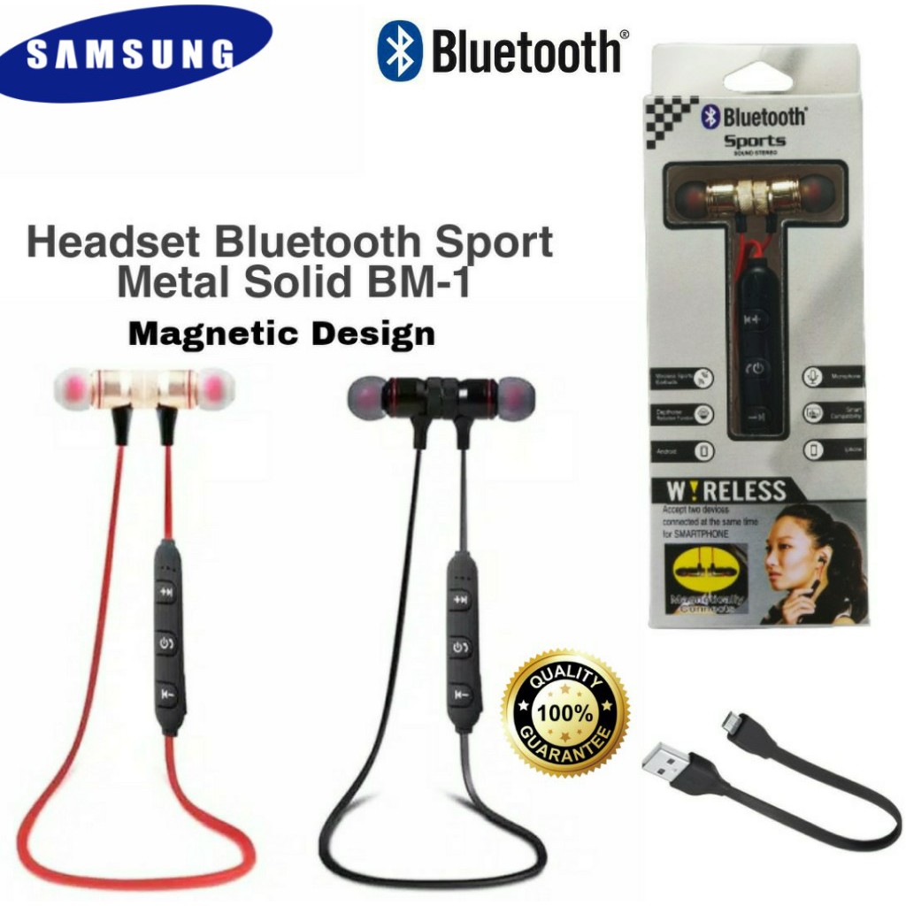 Headset HF Bluetooth Sport Samsung Earphone Metal Solid Magnet BM1
