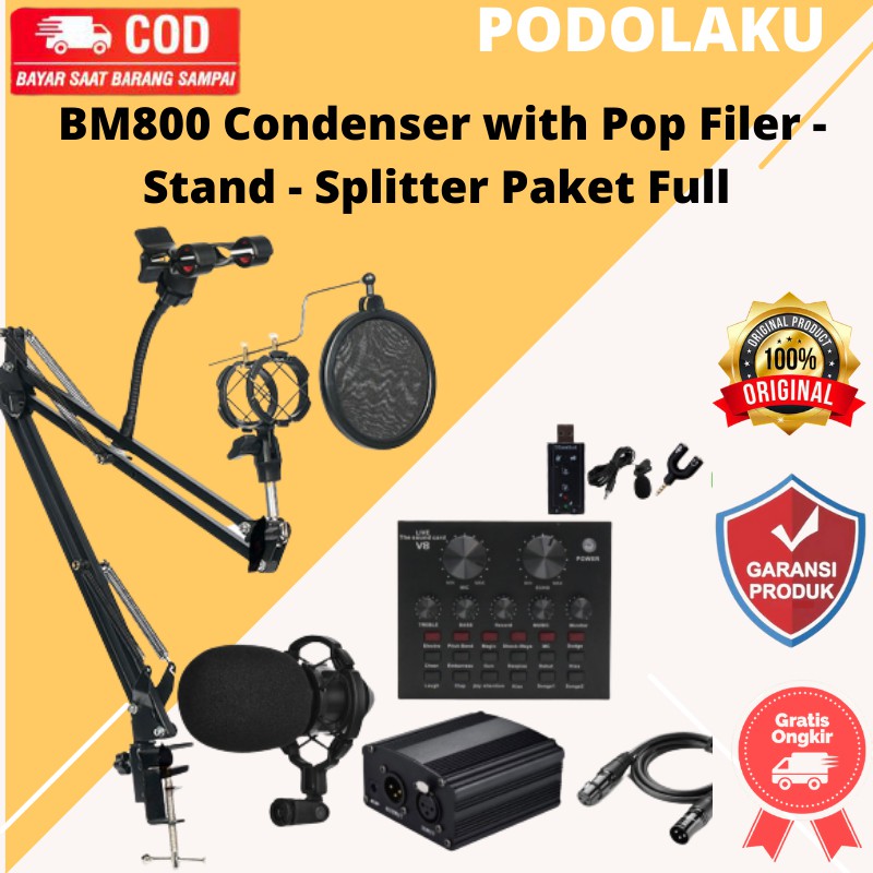 Set BM-800 Ready Recording BM800 Condenser with Pop Filer - Stand - Splitter Paket Full PODOLAKU