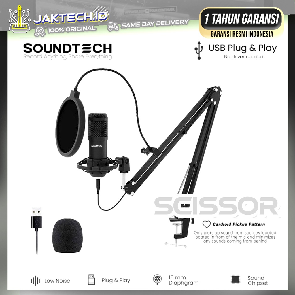 SOUNDTECH USB Microphone Condenser Stand Scissor ST800 Mic Boom Arm for Podcast Streaming Gaming 2.0