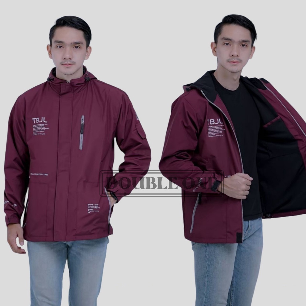 DOUBLE ONE - Jaket Pria Outdoor Taslan Original THE BOJIEL / Jaket Waterproof / Jaket Hoodie Parasut Pria / Jaket Hoodie Anti Air Maroon