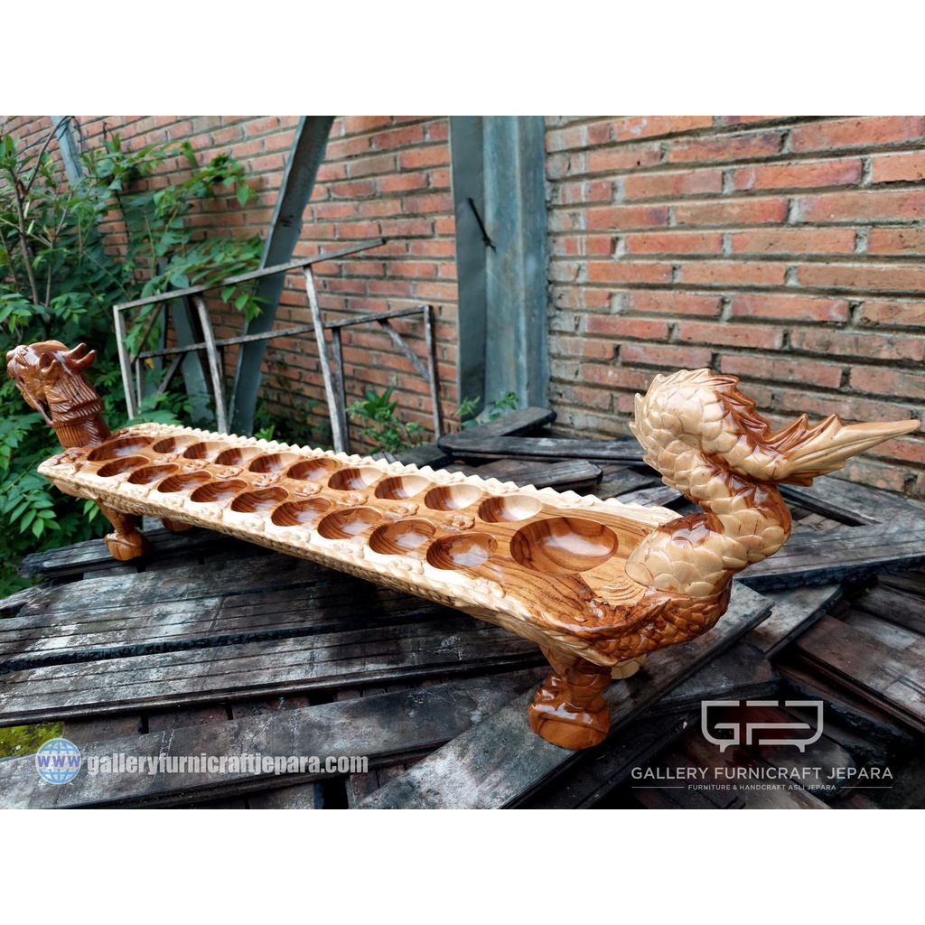 Congklak Dakon Naga Ekor Kayu Jati Finishing Natural Satin Doff