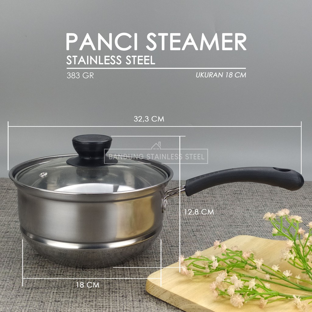 Promo! Panci kukus steamer 18cm  20cm milk pot stainless steel tutup kaca murah