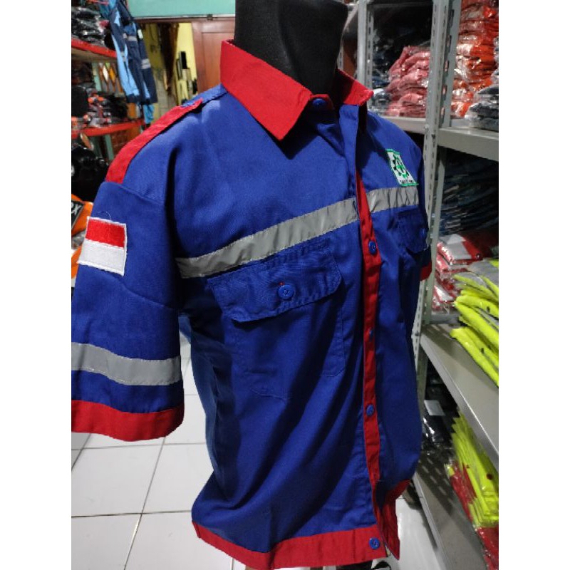 LENGAN PENDEK BIRU GARIS MERAH BAJU SAFETY