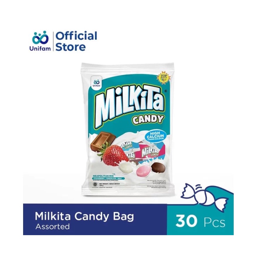 

MILKITA CANDY ASSORTED MIX COKLAT STRWBERRY VANILA BAG PREMIUM LOKAL 30 pcs X 4 g