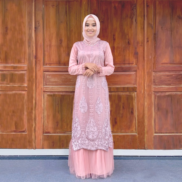 TAHLIA DRESS WARNA ROSE GOLD BY RISHONA BAJU  LEBARAN  BAJU  MUSLIM EXCLUSIVE DAN ELEGAN MURAH 