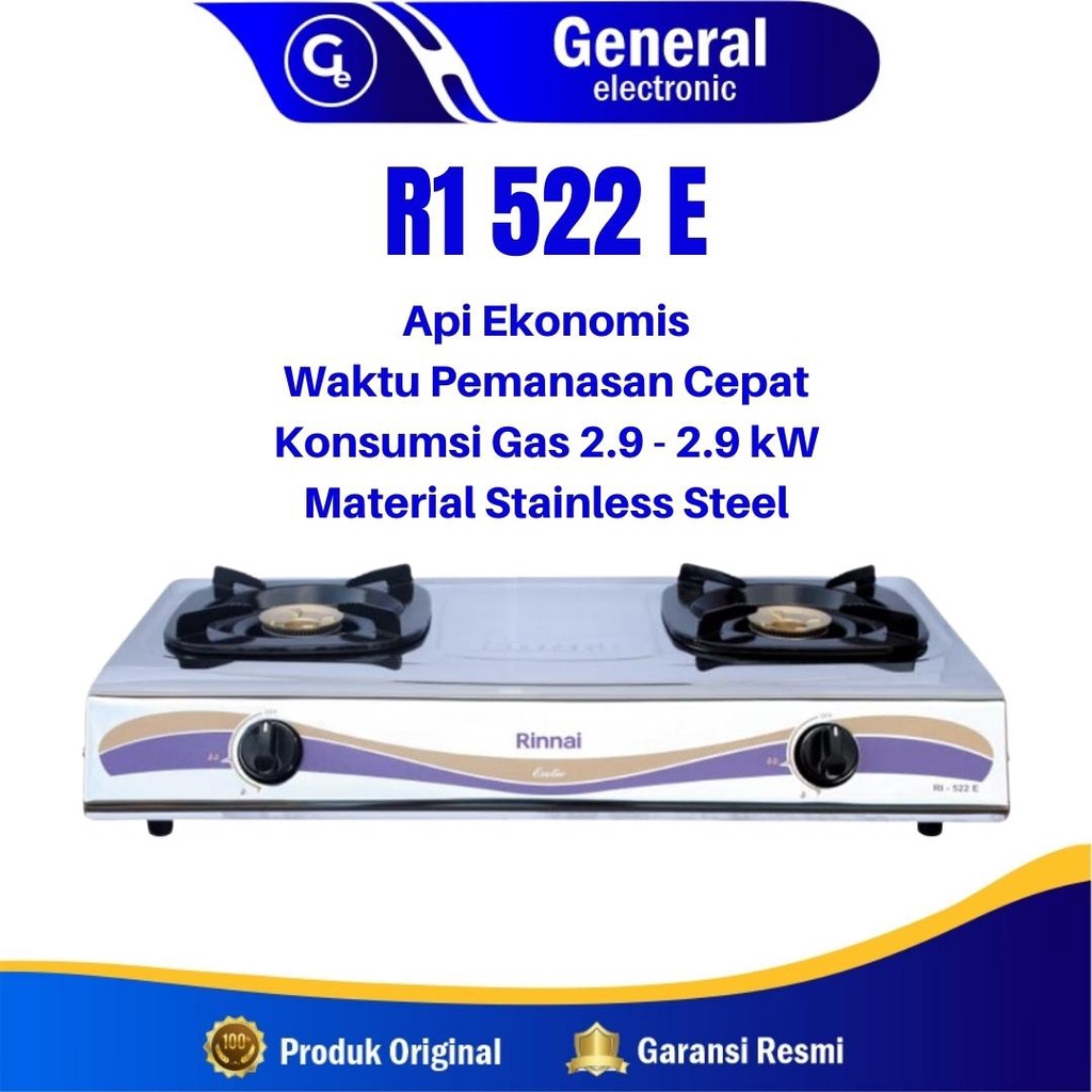 Kompor Gas Rinnai RI522 E 2 TUNGKU STAINLESS STEEL BARU &amp; BERGARANSI RESMI