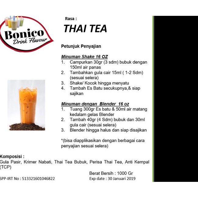 

6Htl Thai Tea 500Gr Drink Powder Bubuk Minuman Thaitea Milk Shake Bonico M4Fz