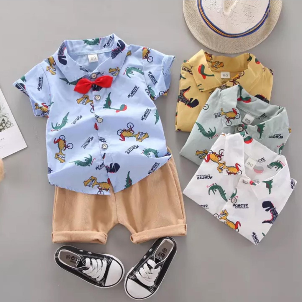 KEMEJA ASLI IMPORT SPORTY DINO 11 MOTIF Setelan Kemeja Celana  Dasi Pergi Jalan Fashion Anak Bayi Cowok Laki Terlaris lucu