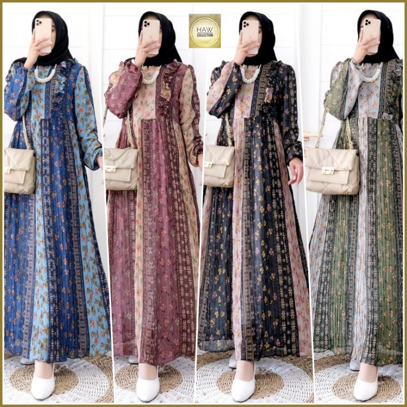 Gamis Ceruty Babydoll Plisket Zerina Maxy Dress Wanita Terbaru Motif Bunga-Bunga LD 100