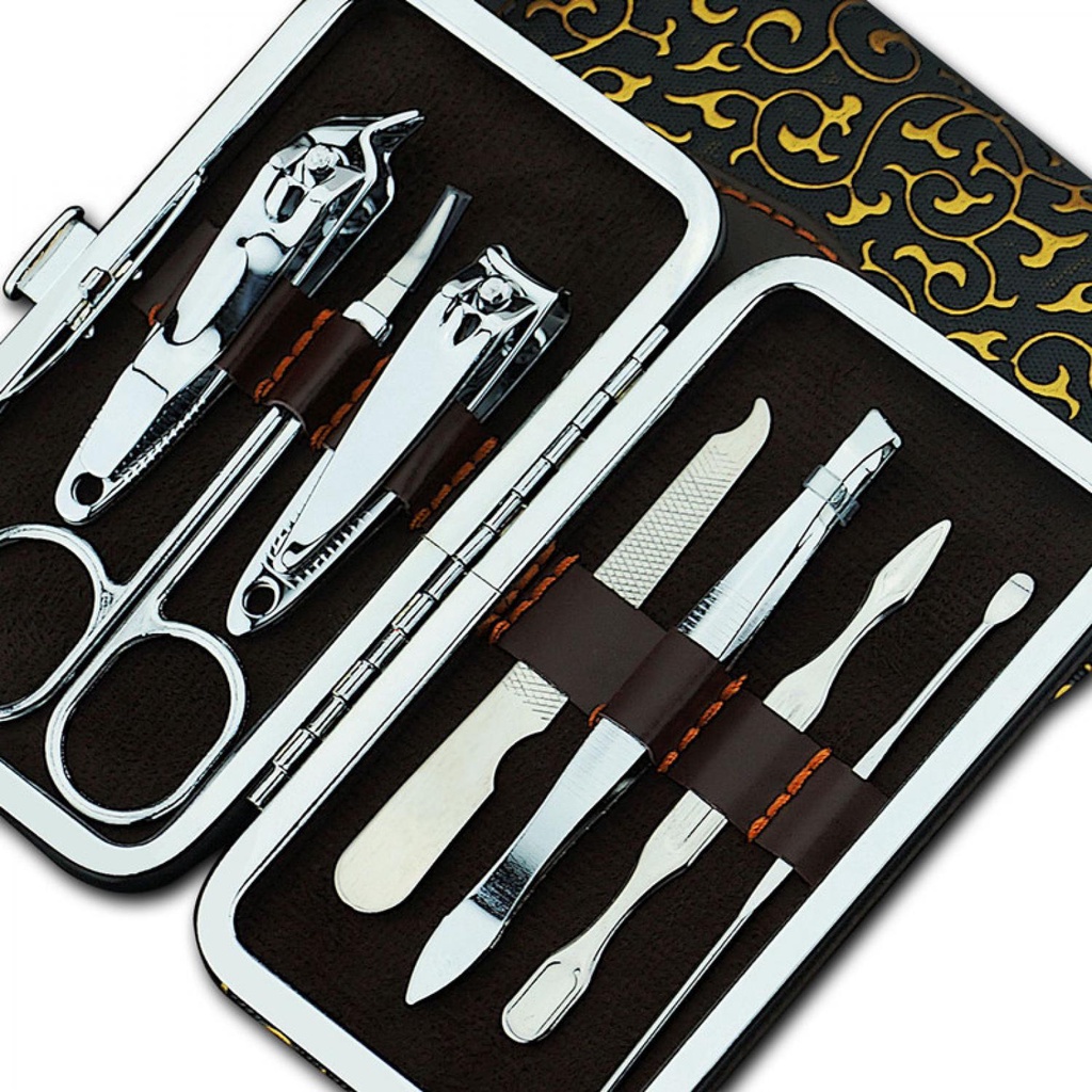 Set Alat Perawatan Kuku Telinga Alis 7 PCS / Alat Manicure Pedicure Kuku Tangan Kaki Lengkap Acrylic / Set Gunting Kikir Kuku Nail Art Mini Stainless Steel Portable Pinset Cukur Alis Telinga Serbaguna / Dompet Paket Pembersih Korek Telinga Gunting Murah