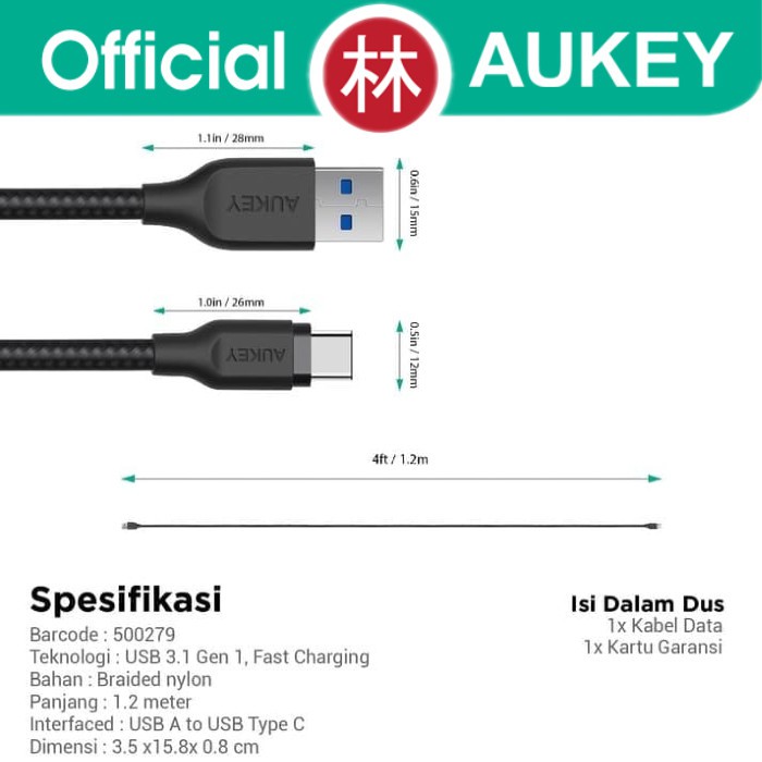 Aukey CB-AC1 Data Cable USB 3.1 To Type-C Braided Nylon 1.2m