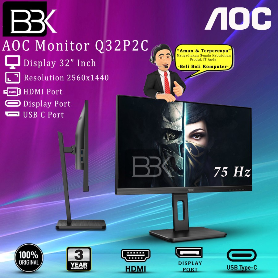 Monitor AOC Q32P2C 32" QHD 75Hz sRGB 103% LED HDMI DP USB-C 3Yr