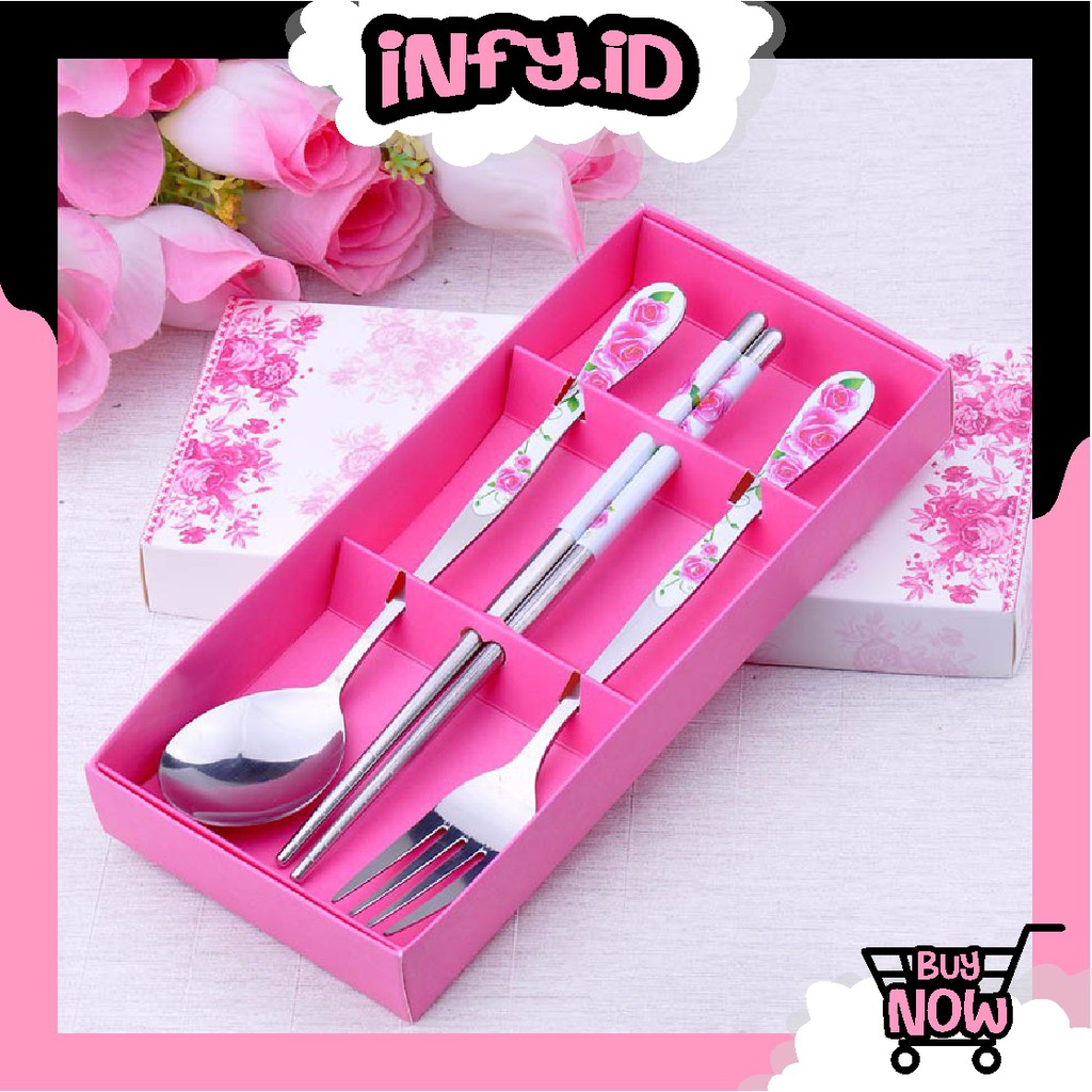 INFY - Sendok Garpu Sumpit Set 3 in1 Stainless Steel Souvenir Pernikahan Kado Alat Makan R050 Import