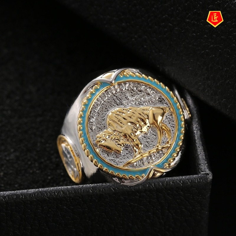 [Ready Stock]Retro Personality Commemorative Coin Two-Tone Ring for Men