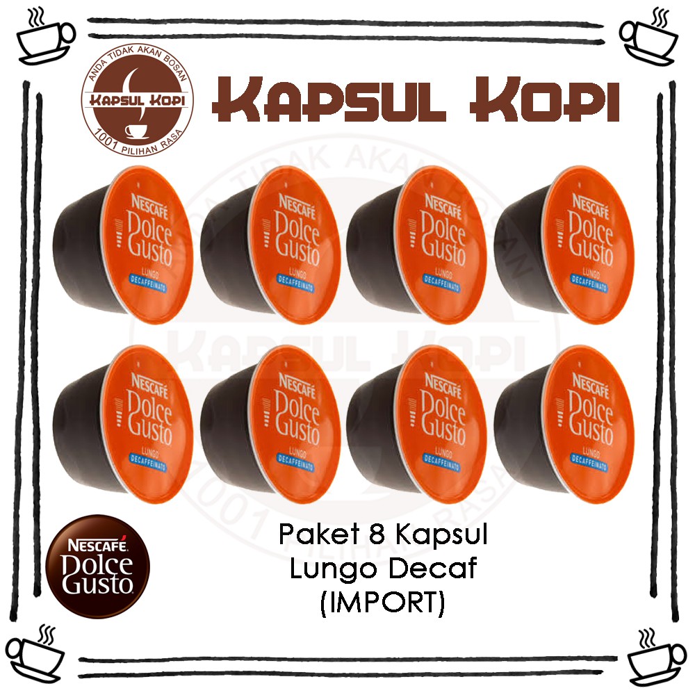 

Paket 8 Kapsul Lungo Decaf Decaffeinato KapsulKopi Impor Nescafe Dolce Gusto Coffee Capsule Import