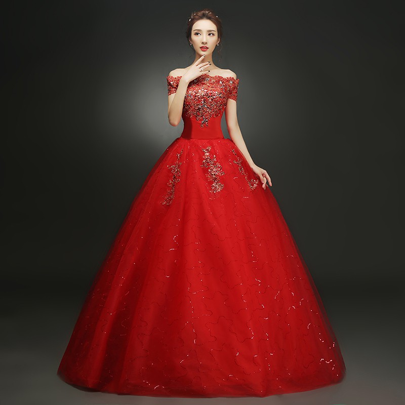 Putih Dan Merah Off Shoulder wanita gaun pengantin Sabrina Renda berlian gaun pesta pernikahan