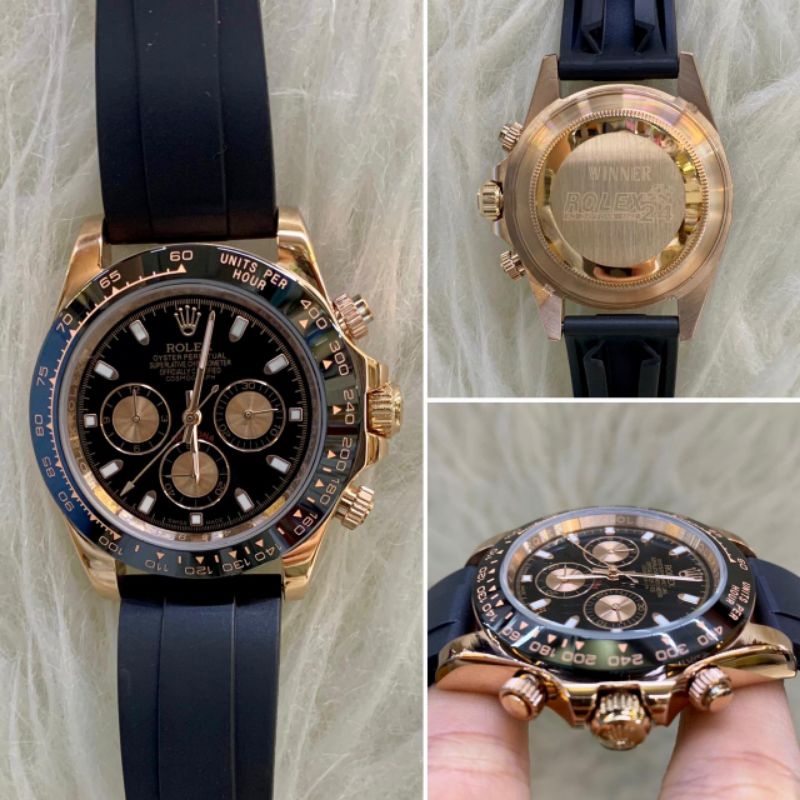 REAL PICT - JAM TANGAN PRIA AUTOMETIC ROLEX DAYTONA PREMIUM QUALITY ROSE GOLD PLAT HITAM