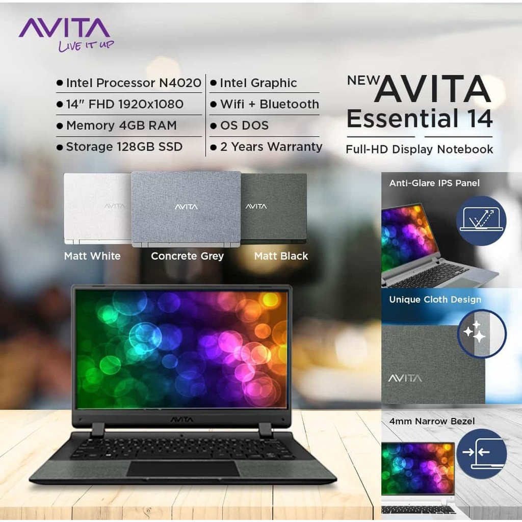 Laptop Pelajar Avita Essential N4020 / 4GB / SSD 128 / 14" IPS / DOS