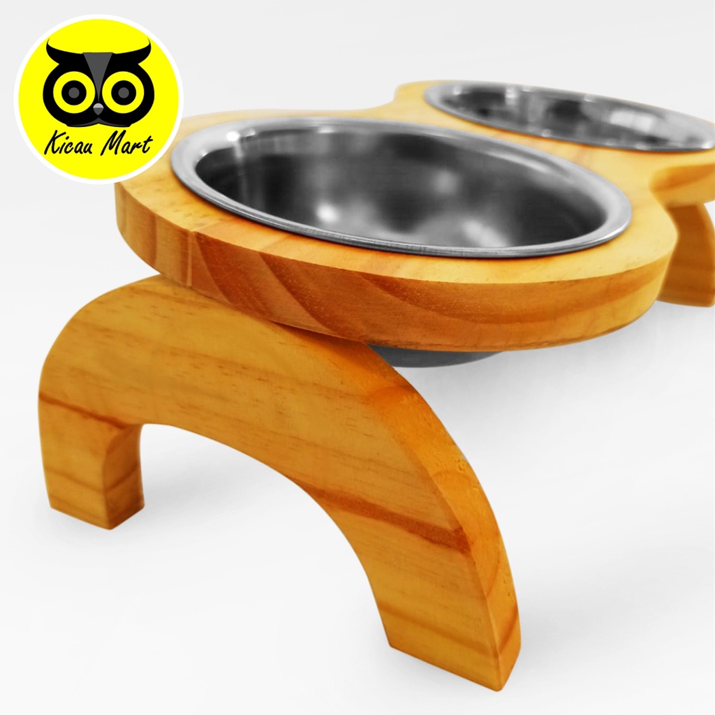 Tempat Makan Kucing Anjing Double Pet Bowl Rak Kayu Double Mangkok Wadah Pakan Minum Anabul Wood Stand Pet Dining Table Double Bowl Neck Protection Stainless Cat Puppy Food Bowl