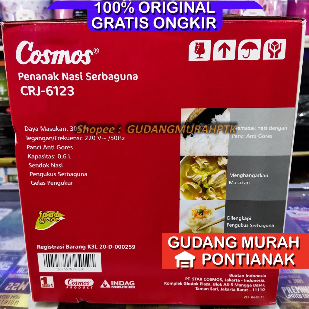 Ricecooker COSMOS ANTI GORES CRJ-6123 Penanak Nasi Magic Com serbaguna memasak dan menghangatkan